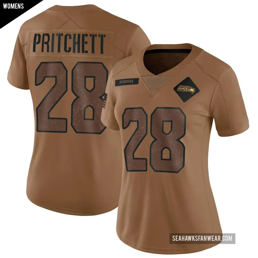 Women's Seattle Seahawks ＃28 Nehemiah Pritchett Brown Limited 2023 Salute To Service Jersey