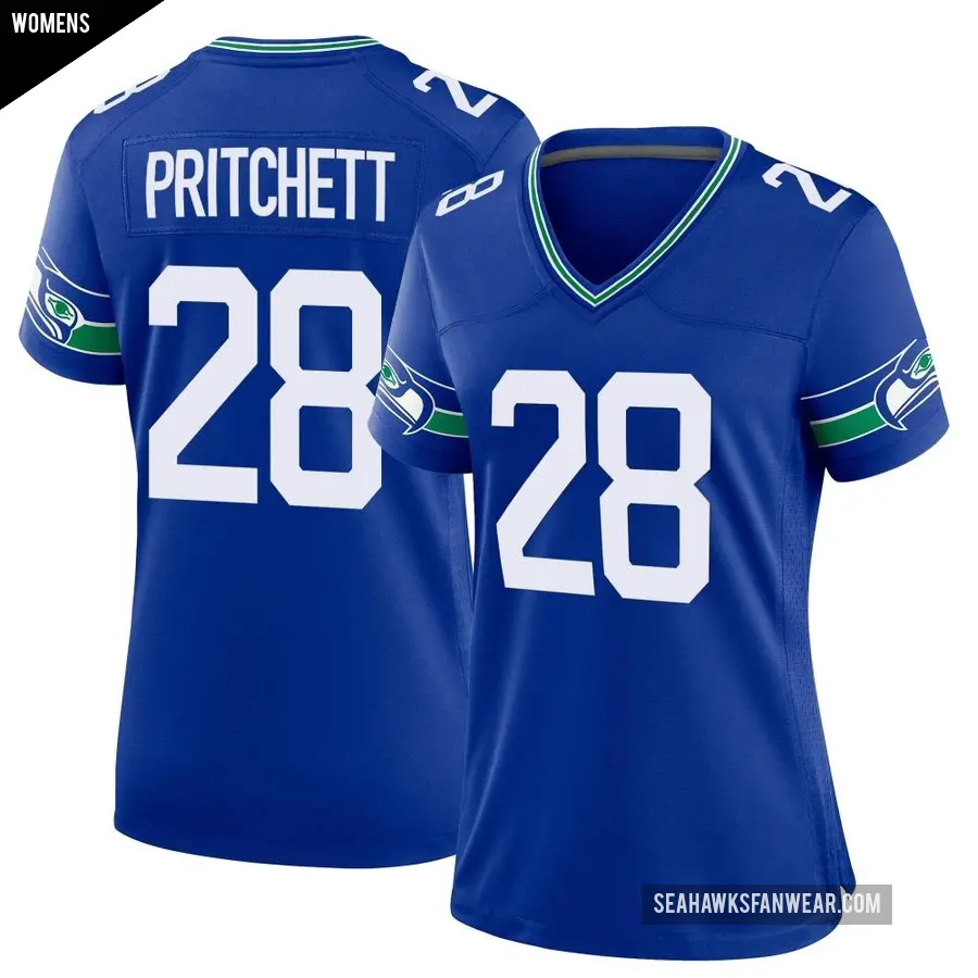 Women's Seattle Seahawks ＃28 Nehemiah Pritchett Royal Game Throwback Jersey